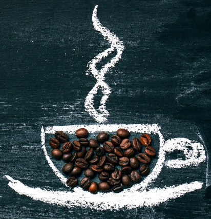 Painted Cup of Coffee with Natural Coffee Beans on a Chalkboard.